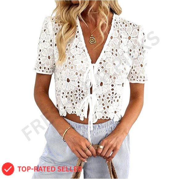 Tops - Boho Floral Lace V Neck Crop Top Tie Front Short Sleeve Blouse Chic